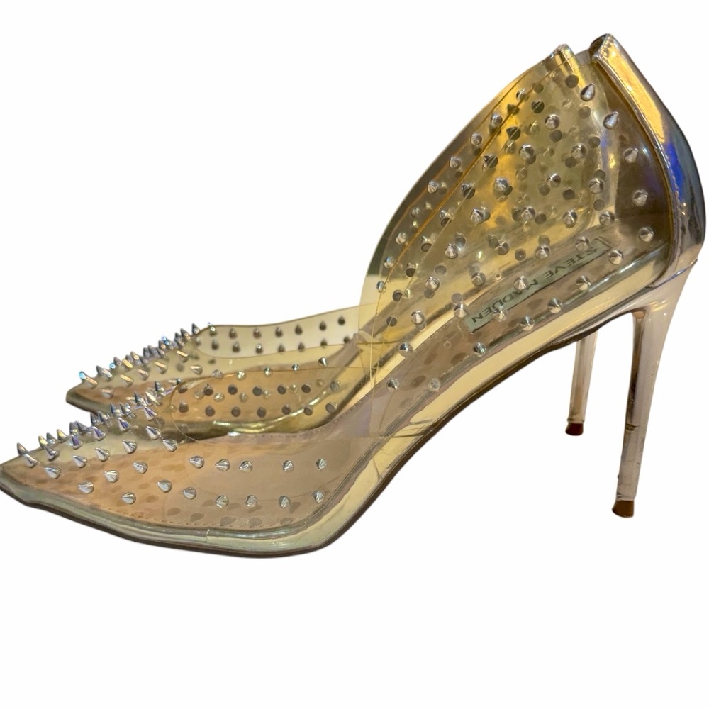 Steve Madden Vala Clear Silver Spiked Studded Pointed Toe Pumps Heels Size 8.5 - Picture 3 of 9